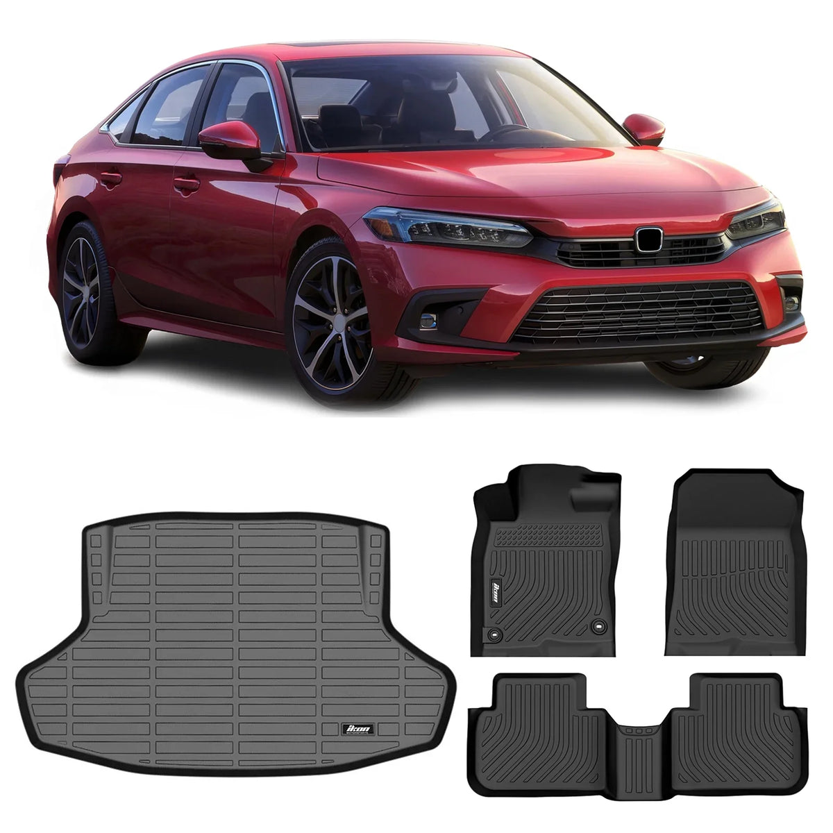 Front Honda Floor Cover 2nd Floor 3D Mats + Ikon Waterproof 2022-2024 Trunk Motorsports with Accessories Set Interior Row Storage climate Civic Compatible Full Anti-Slip All & Black Mat, TPE Liners