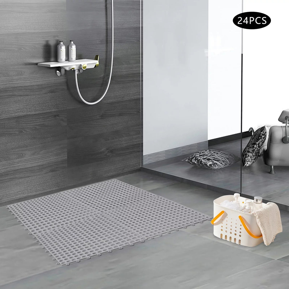 Drainage PVC Mat Shower Floor Interlocking Kitchen, Gray Bathroom, Holes Nonslip Mat,Soft Pool with 11.8*11.8" for Bath 24PCs