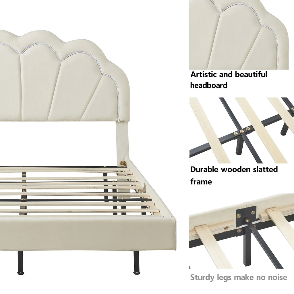 Bed Elegant Frame Cosymart Slats LED Full Platform Support， Headboard， LED Beige Flowers Floating Bed Velvet with with Upholstered Wooden Smart