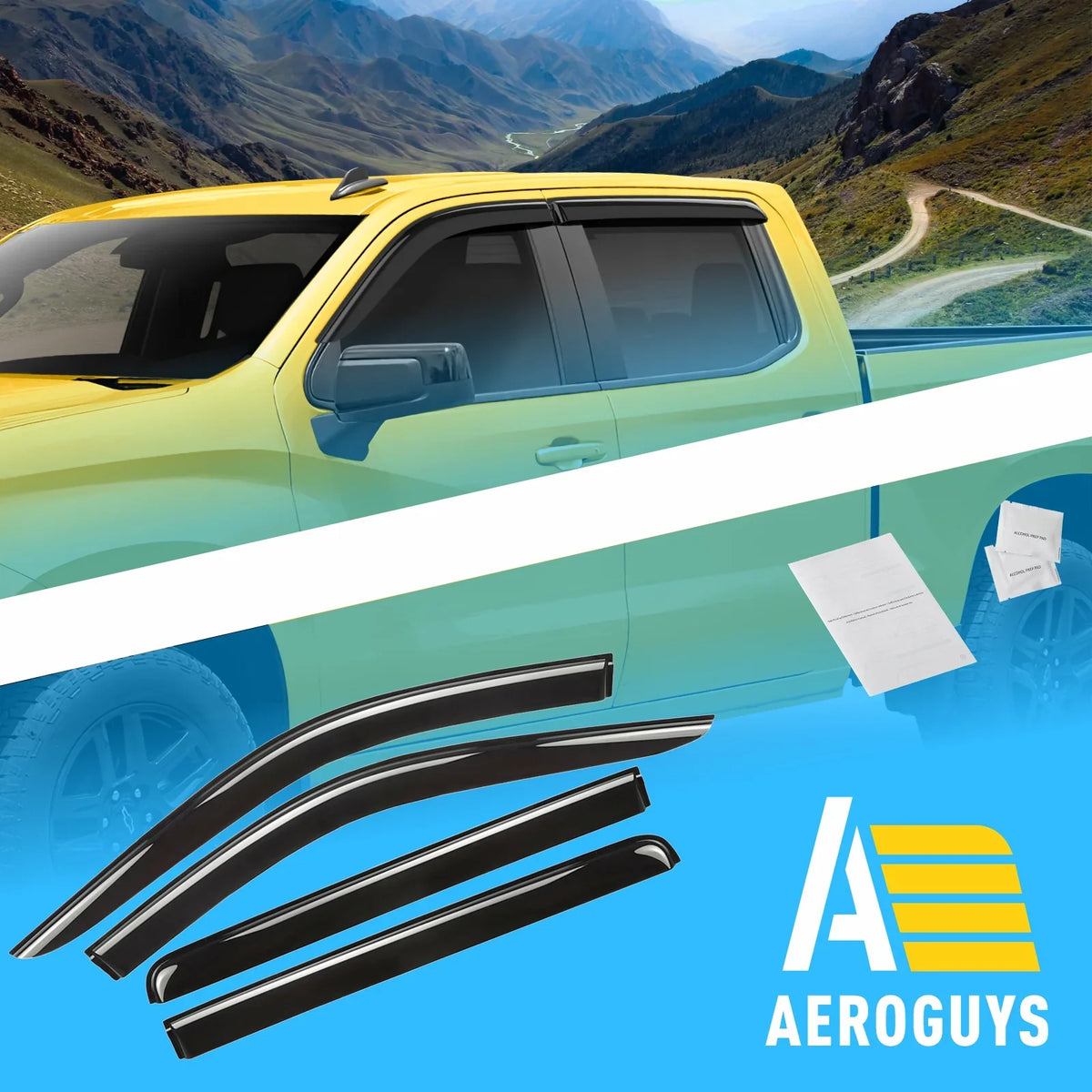 AG0422 Durable Silverado (Chevy) 4pcs. Tape-On for AEROGUYS - Cab, Wind Sun Chevrolet 2019-2024 Rain Fit Accessories Vent Truck Guards Crew Visors, Visors, Extra Visors Deflectors Window 1500 Window