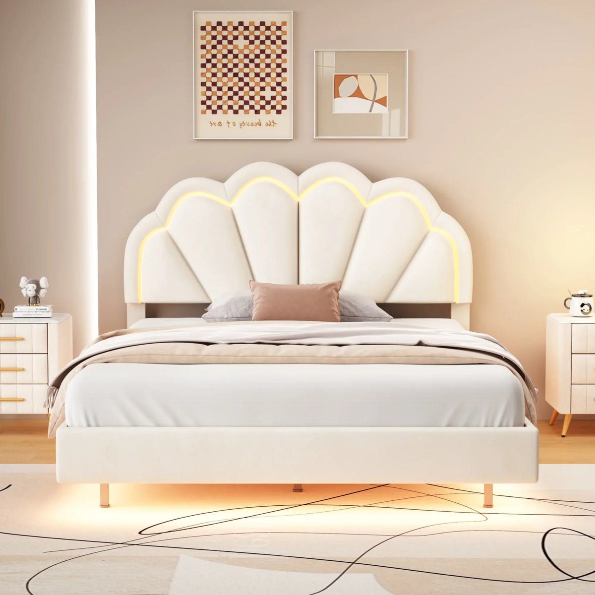 Bed Elegant Frame Cosymart Slats LED Full Platform Support， Headboard， LED Beige Flowers Floating Bed Velvet with with Upholstered Wooden Smart