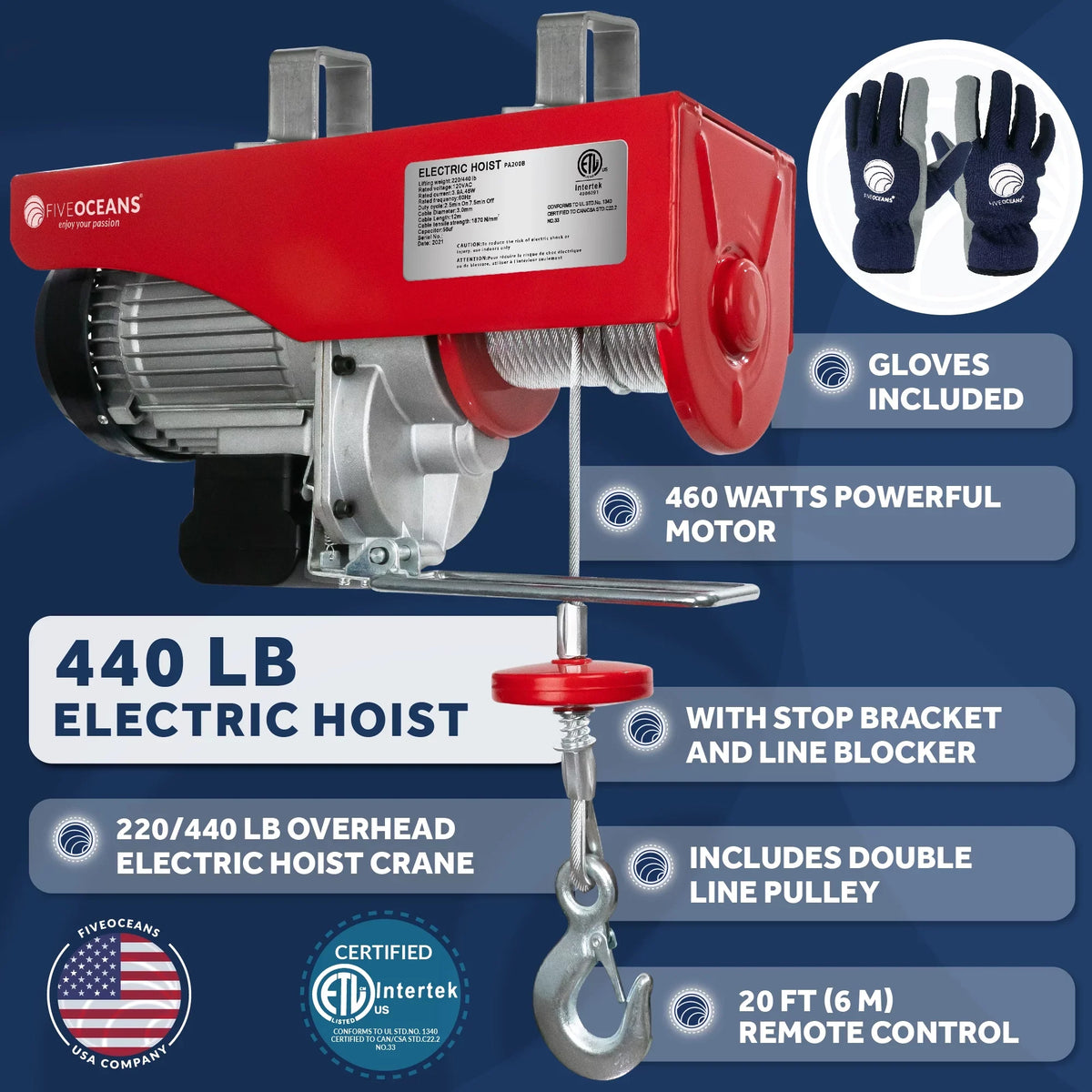 Factory Lifting Hoist, Winch Oceans Garage, Electric Lb Working Gloves Control V, Remote Stop Electric Button Hoist FO3780-C1 Pulley - Pulley 120 System, 440 Five 20FT for Hoist, Emergency Includes