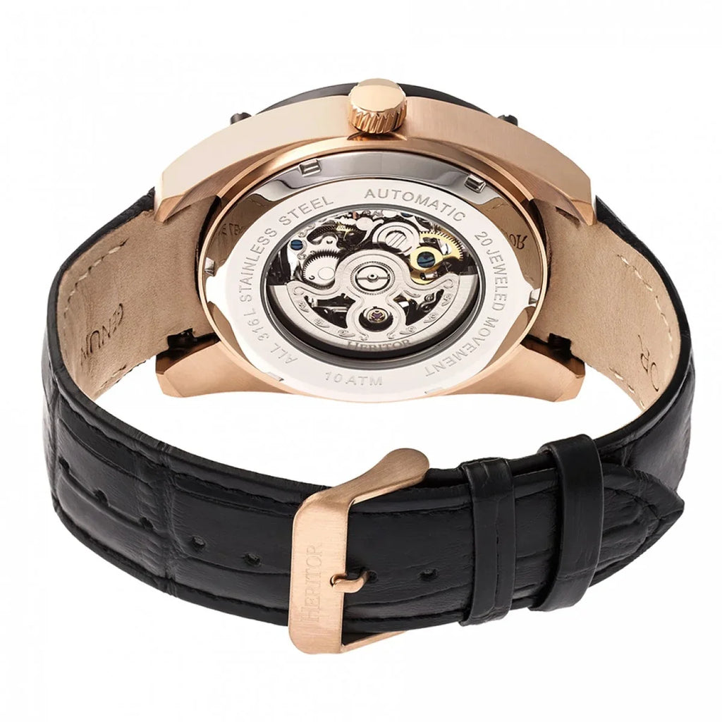 Mens HERHR7406 - Gold Watch & Semi-Skeleton Leather Heritor Band Daniels Rose Black Automatic