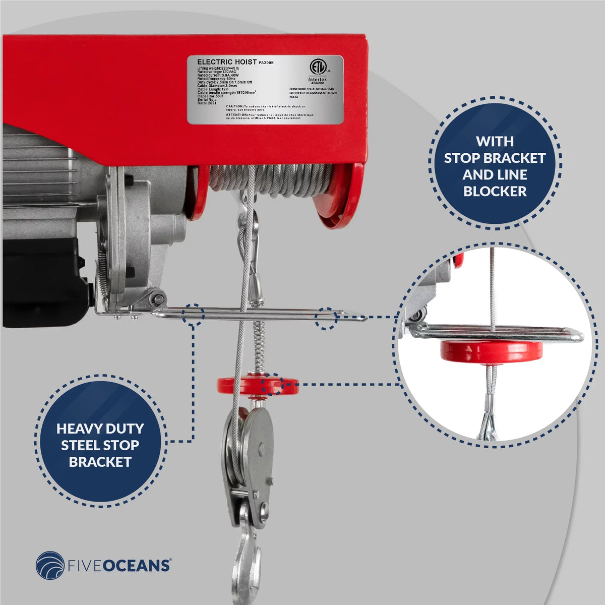 Factory Lifting Hoist, Winch Oceans Garage, Electric Lb Working Gloves Control V, Remote Stop Electric Button Hoist FO3780-C1 Pulley - Pulley 120 System, 440 Five 20FT for Hoist, Emergency Includes