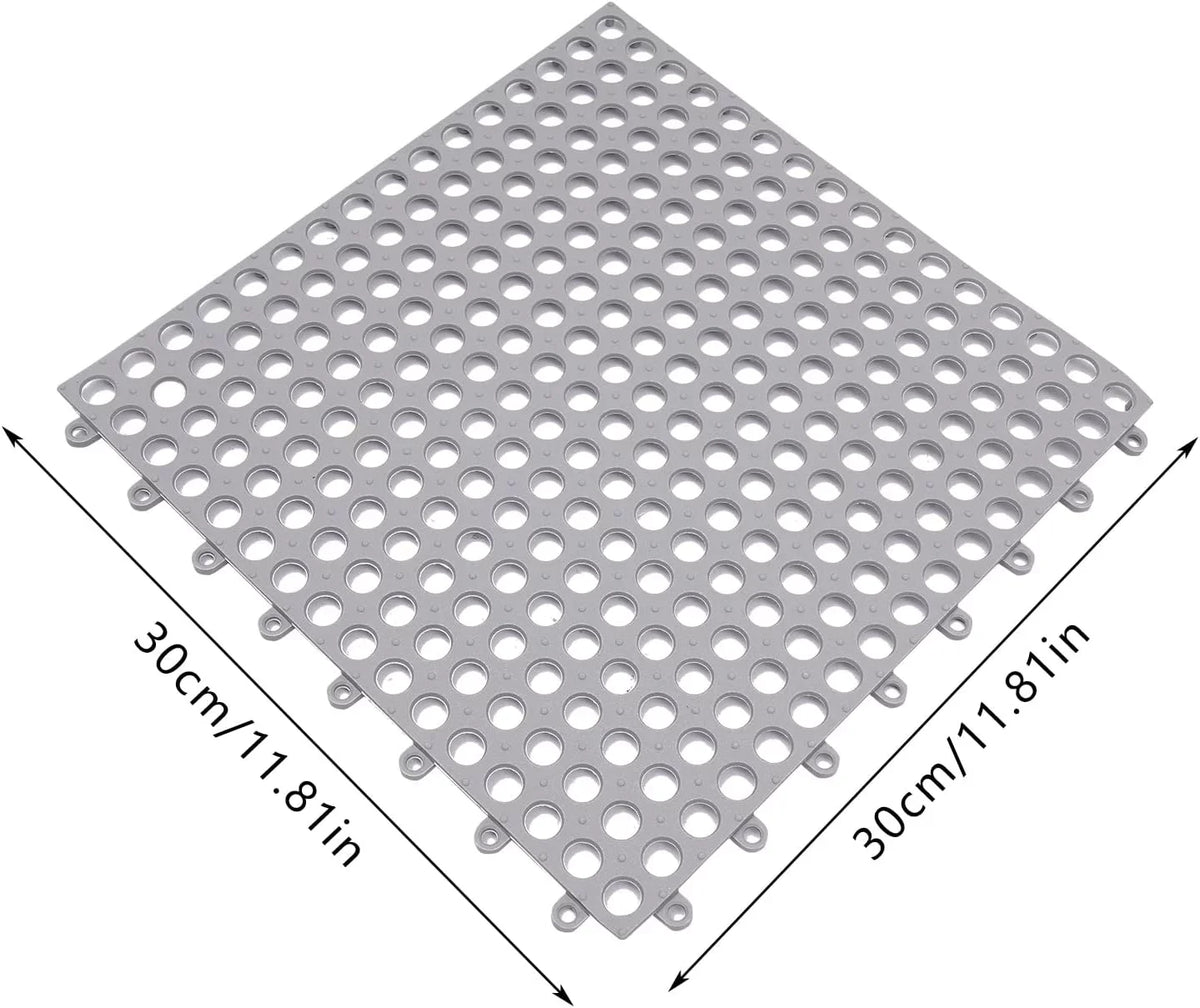 Drainage PVC Mat Shower Floor Interlocking Kitchen, Gray Bathroom, Holes Nonslip Mat,Soft Pool with 11.8*11.8" for Bath 24PCs