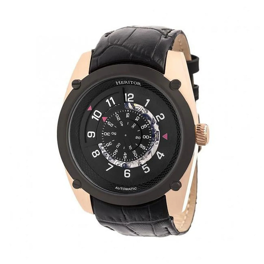 Mens HERHR7406 - Gold Watch & Semi-Skeleton Leather Heritor Band Daniels Rose Black Automatic