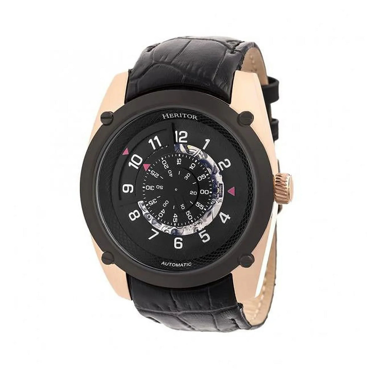 Mens HERHR7406 - Gold Watch & Semi-Skeleton Leather Heritor Band Daniels Rose Black Automatic