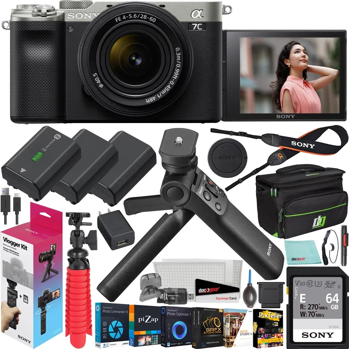 Silver Camera GP-VPT2BT 2x Accessories Full Bundle + Frame Wireless Body with Mirrorless Battery + Gear + Kit ACCVC1: a7C w. Lens Vlogger Remote 28-60mm & Deco Grip Bag ILCE7CL/S Shooting F4-5.6
