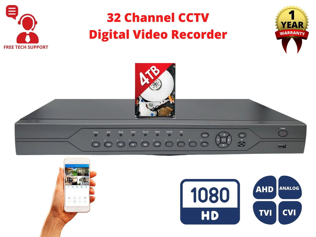 Surveillance Easy 32 for Camera Recording Recorder HD DVR Hard for Evertech Remote Drive with Video Access H.265 4TB Security Channel