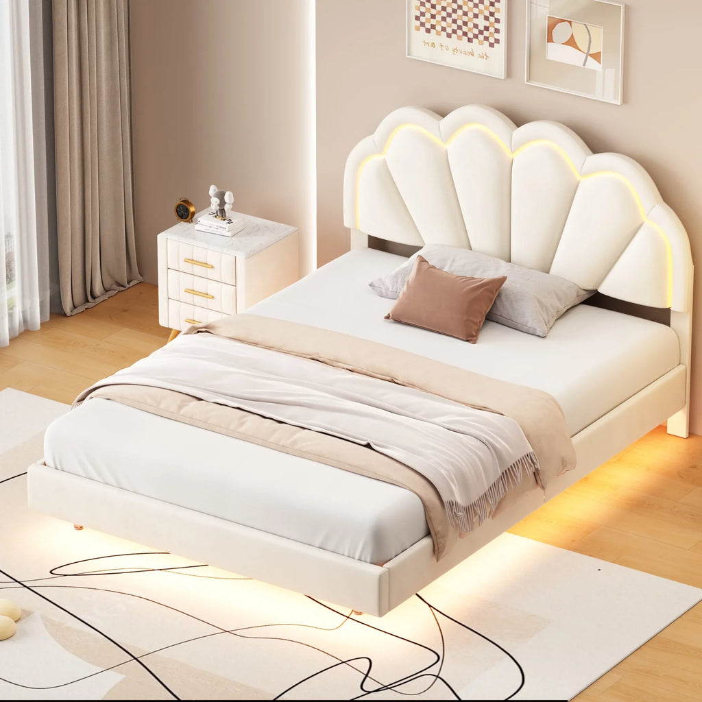 Bed Elegant Frame Cosymart Slats LED Full Platform Support， Headboard， LED Beige Flowers Floating Bed Velvet with with Upholstered Wooden Smart