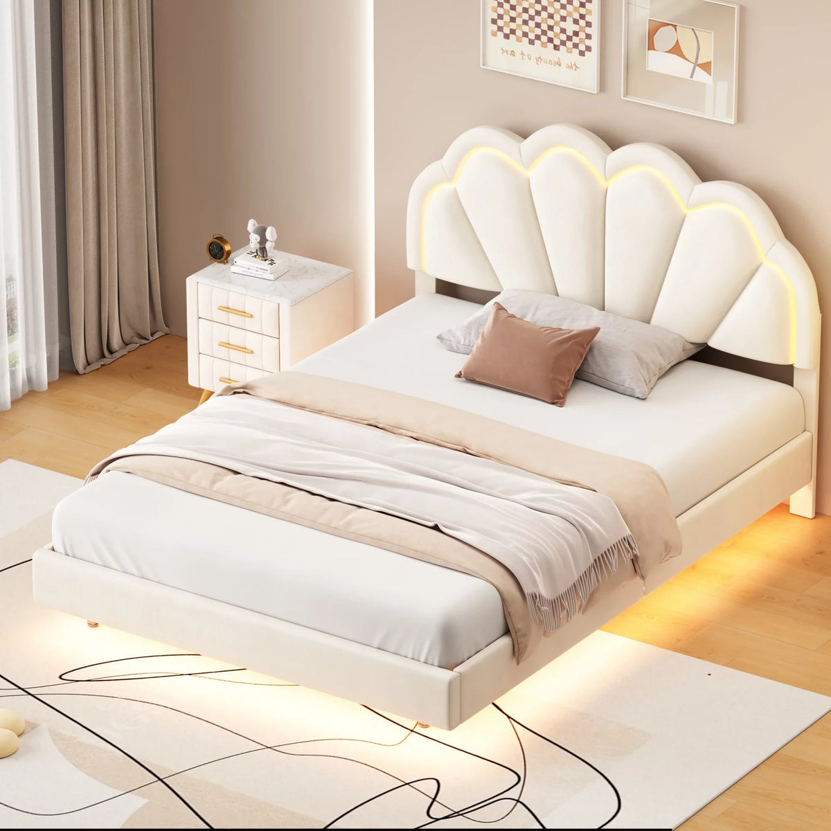 Bed Elegant Frame Cosymart Slats LED Full Platform Support， Headboard， LED Beige Flowers Floating Bed Velvet with with Upholstered Wooden Smart
