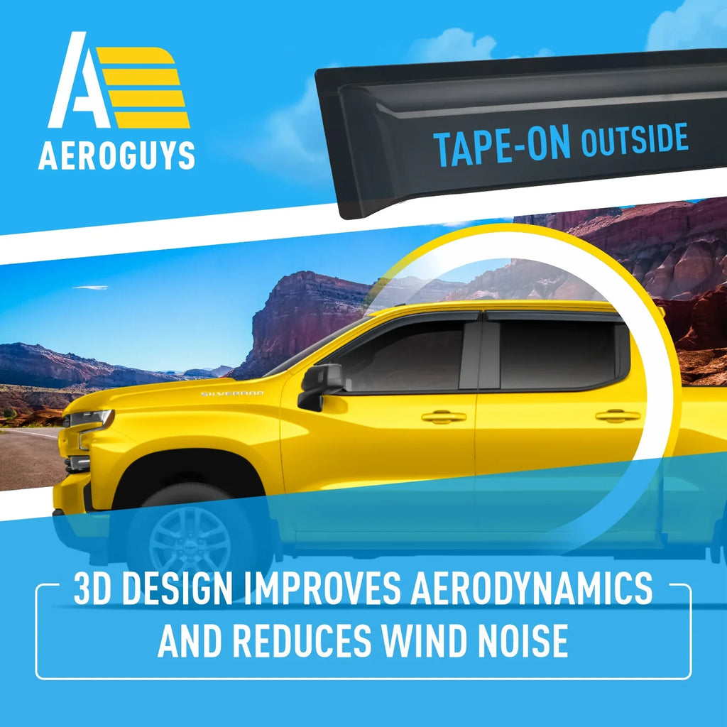 AG0422 Durable Silverado (Chevy) 4pcs. Tape-On for AEROGUYS - Cab, Wind Sun Chevrolet 2019-2024 Rain Fit Accessories Vent Truck Guards Crew Visors, Visors, Extra Visors Deflectors Window 1500 Window