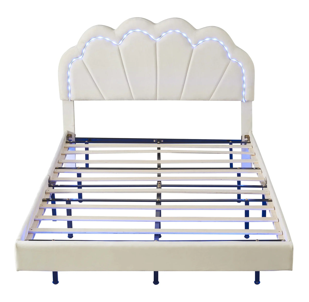 Bed Elegant Frame Cosymart Slats LED Full Platform Support， Headboard， LED Beige Flowers Floating Bed Velvet with with Upholstered Wooden Smart