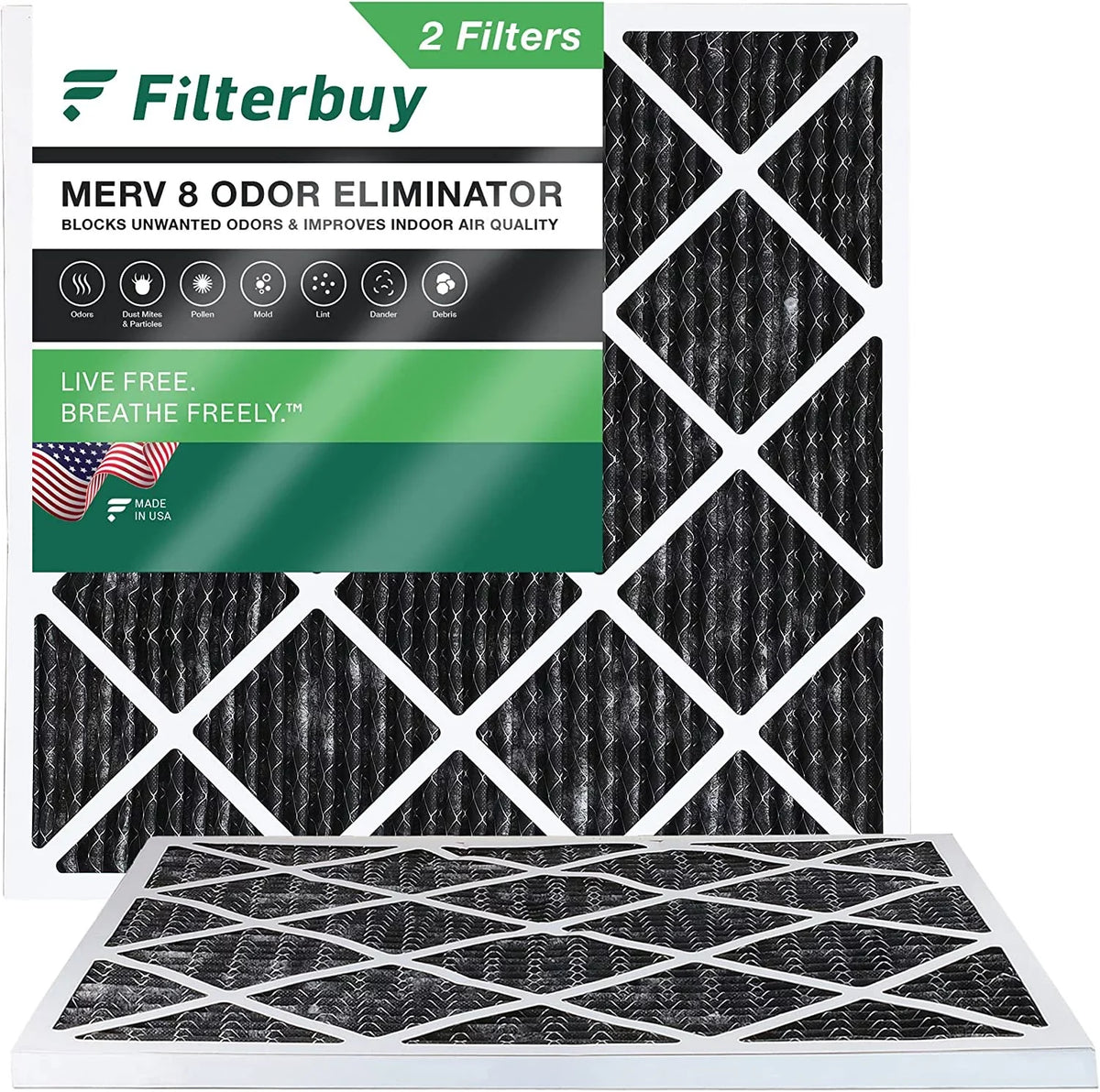 Filterbuy 8 MERV Air Carbon Activated Filters Furnace HVAC AC (2-Pack) 10x10x1 with Eliminator Odor Pleated