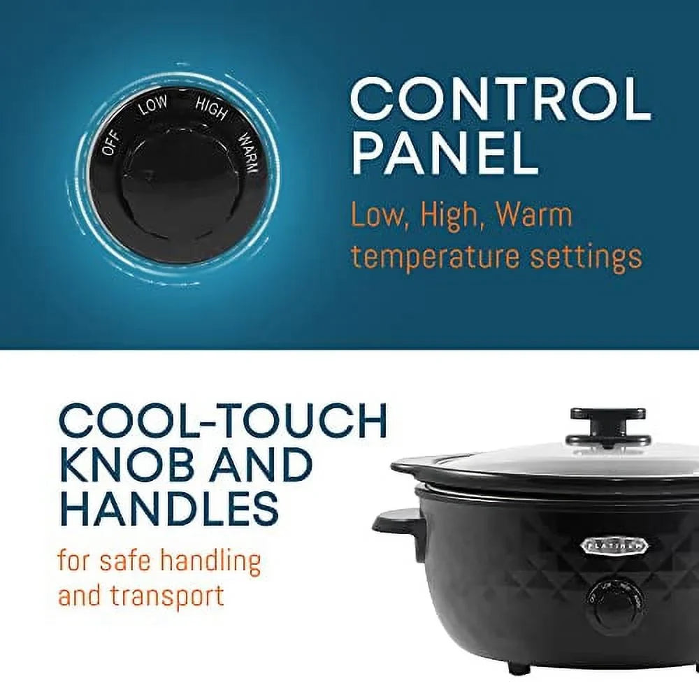Quart, Removable, Cooker Cool-Touch Gourmet Tempered Elite Charcoal Slow Lid, MST1234BX# Pattern with Handles, Pot 6 Black Glass Stoneware Dishwasher-Safe Diamond