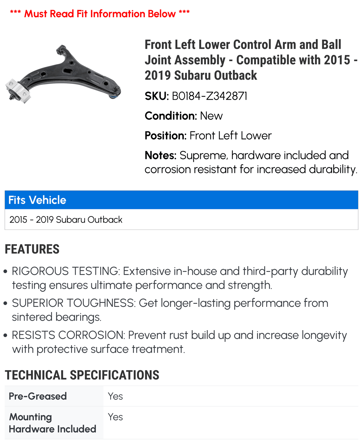 '- Lower Joint Outback Left and Ball Front Compatible Arm Subaru with Assembly 2015 Control 2018 2017 - 2016 2019