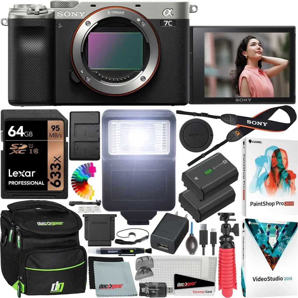 Flash Filters and + Extra Frame 64GB Accessories a7C Lens with Software Bundle ILCE7C/S Card + Interchangeable + Gear Alpha Only Camera Full Case + Silver Kit 7C Battery Mirrorless Body + Deco