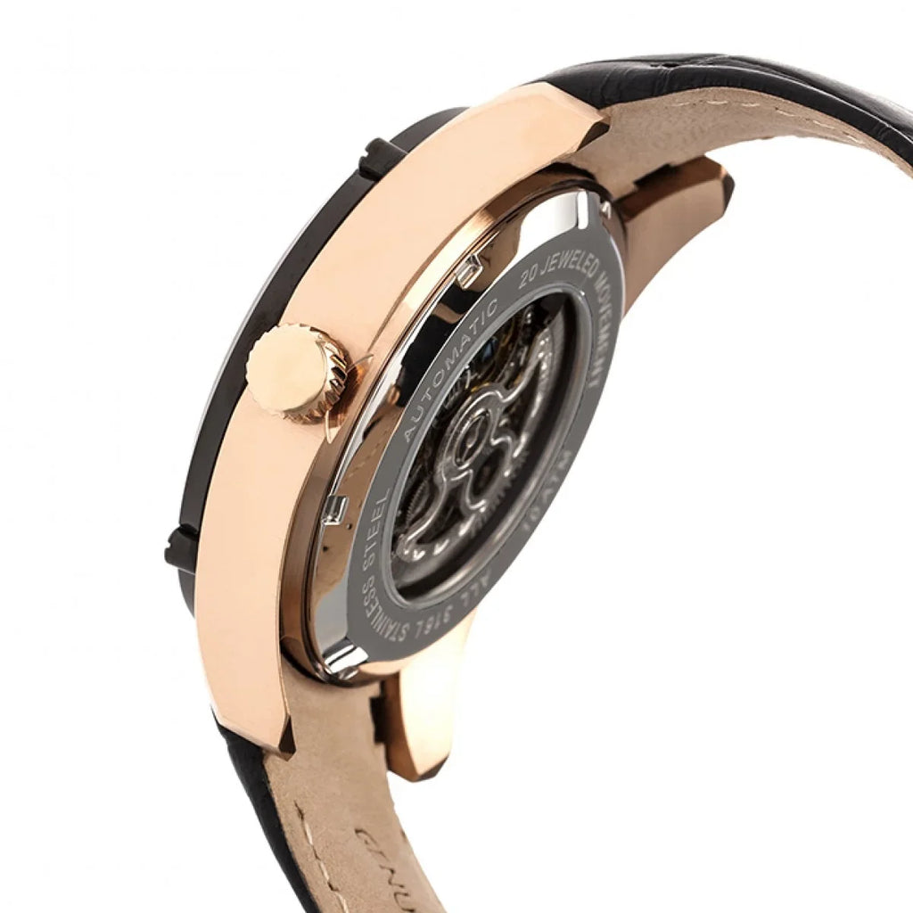 Mens HERHR7406 - Gold Watch & Semi-Skeleton Leather Heritor Band Daniels Rose Black Automatic