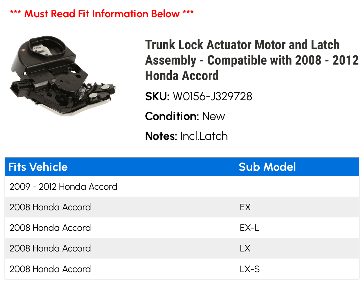 Assembly Actuator - 2012 Latch Lock and Accord - with 2008 Trunk 2009 Compatible 2011 Motor 2010 Honda