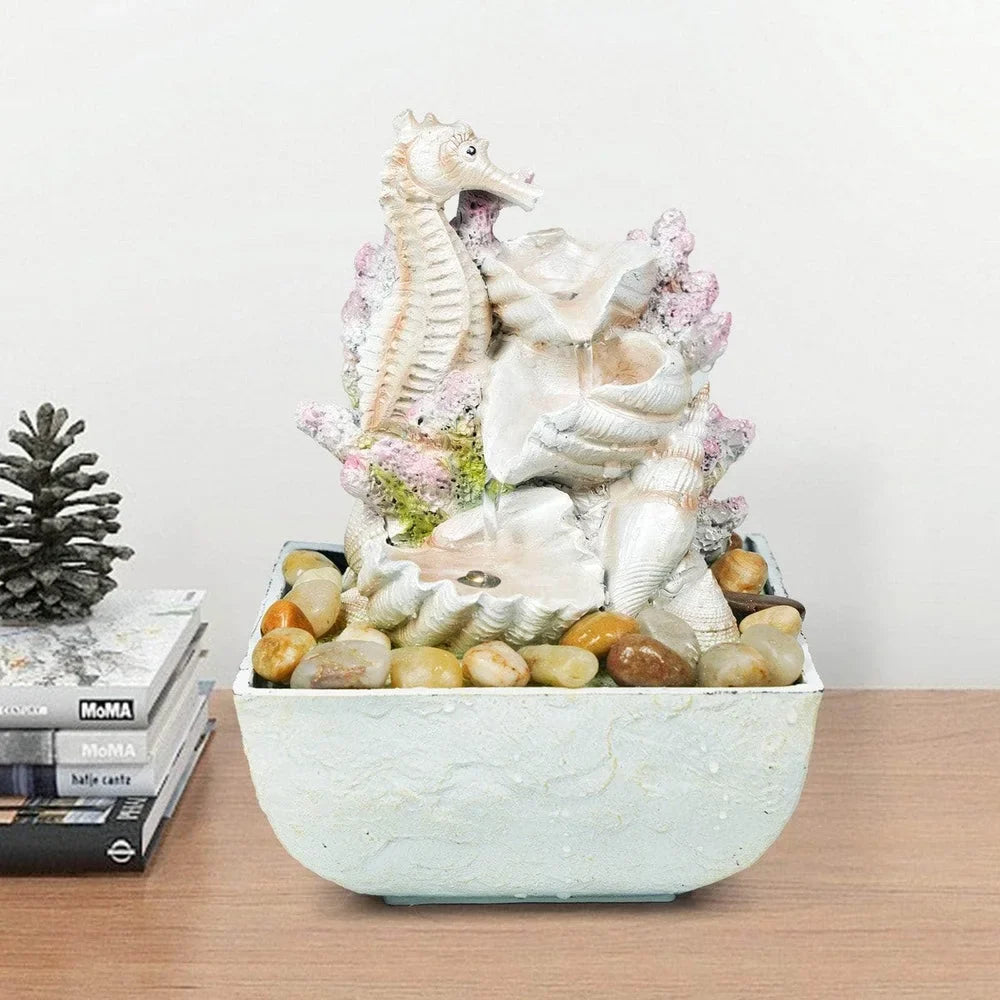 Seahorse Fountain Shell With And 3-Tier liquid LED Ferrisland Tabletop Lights