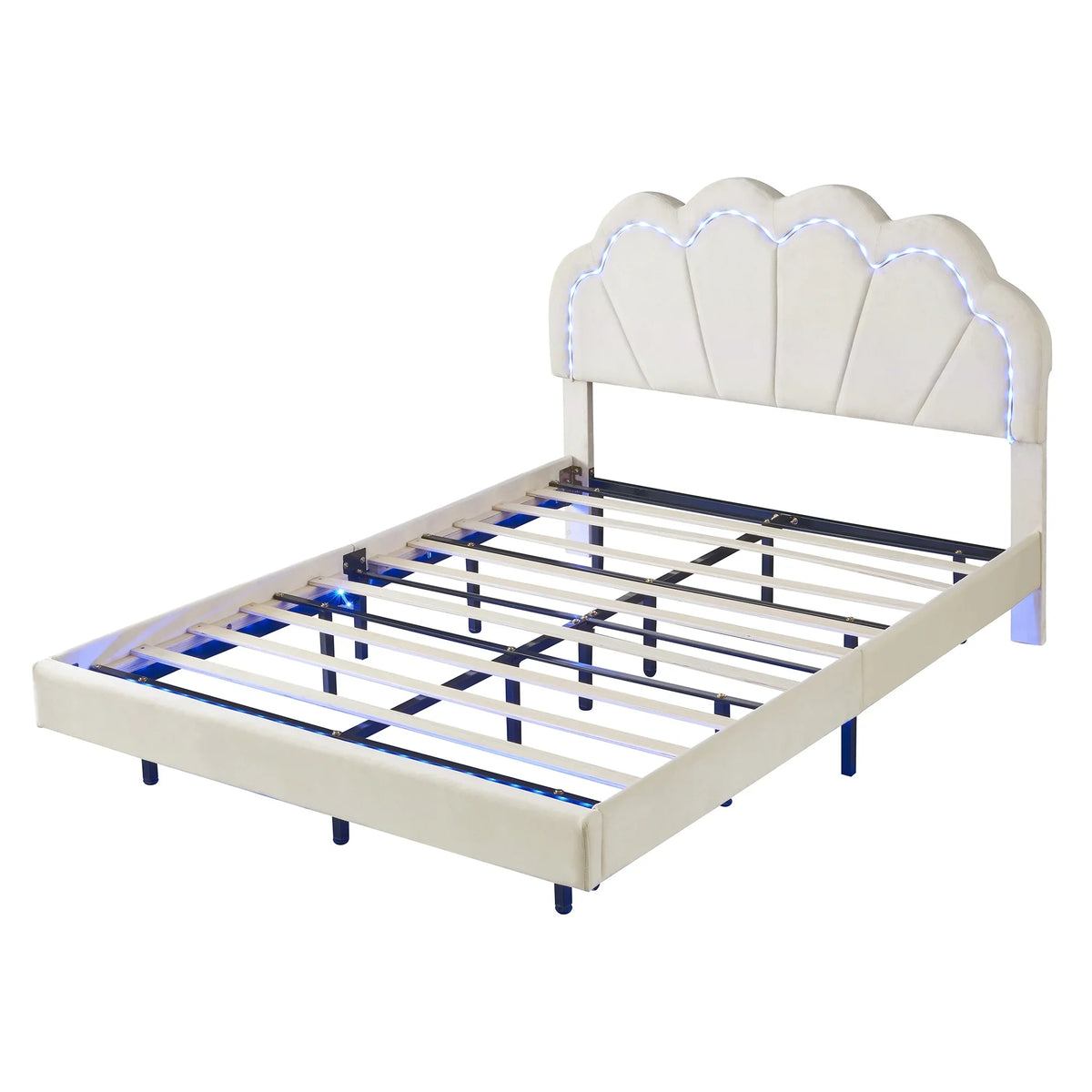 Bed Elegant Frame Cosymart Slats LED Full Platform Support， Headboard， LED Beige Flowers Floating Bed Velvet with with Upholstered Wooden Smart